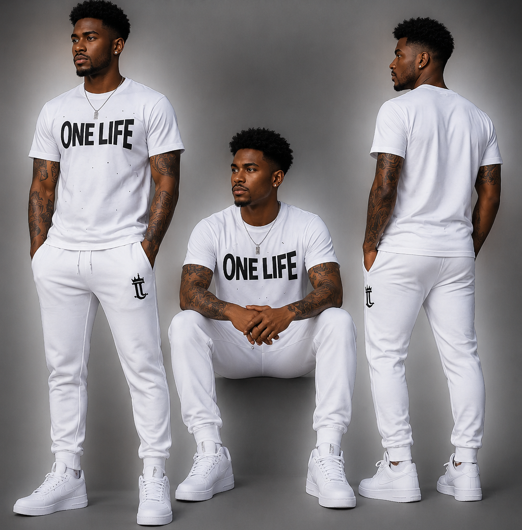 Three models wearing 'One Life Clothing' outfits on a gray background