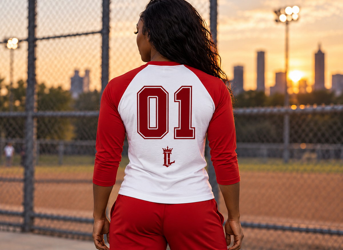 Women's model wearing the First Inning Baseball Tee by One Life Clothing — corrected back view.