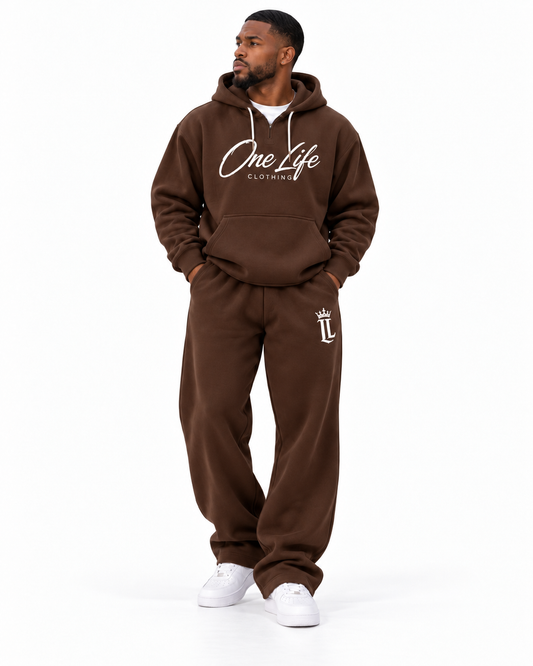 Male front view of the Brown ON GO smooth heavyweight hoodie and matching pants