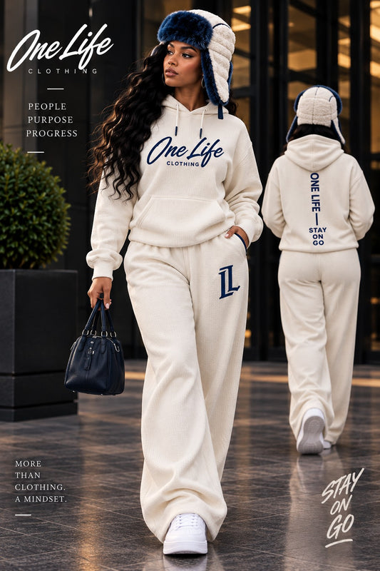 One Life Clothing ON GO cream set modeled by a woman, front and back views