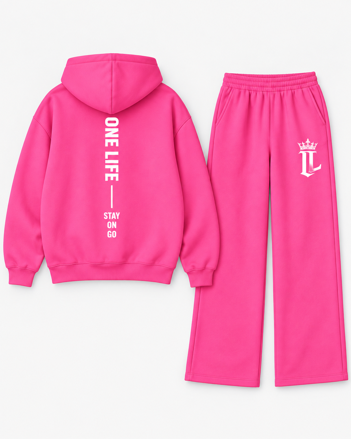 Women's pink ON GO hoodie back with matching pants