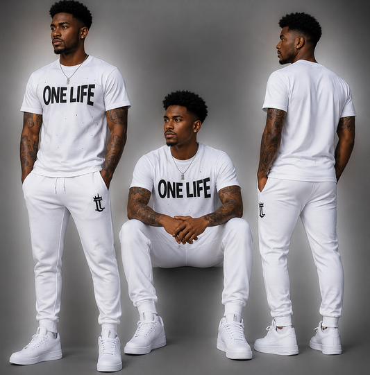 Three models wearing 'One Life Clothing' outfits on a gray background