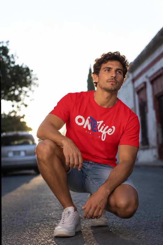 Male model wearing the red Die-Cast Championship Edition Tee by One Life Clothing