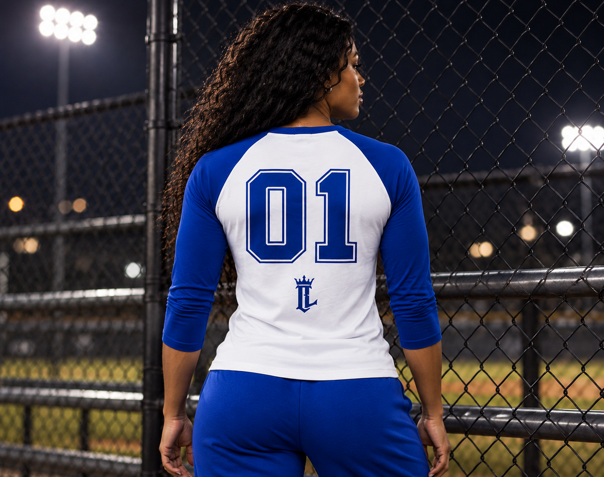 Women's model wearing the Horizon Baseball Tee by One Life Clothing — corrected back view.