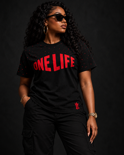 Women's model wearing the After Hours Tee by One Life Clothing — front view.