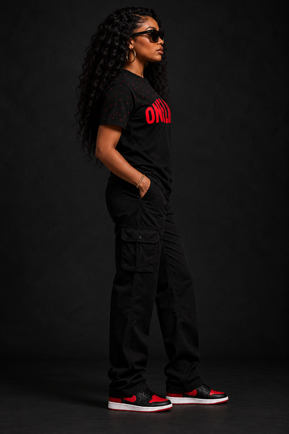 Women's model wearing the After Hours Tee by One Life Clothing — side view.
