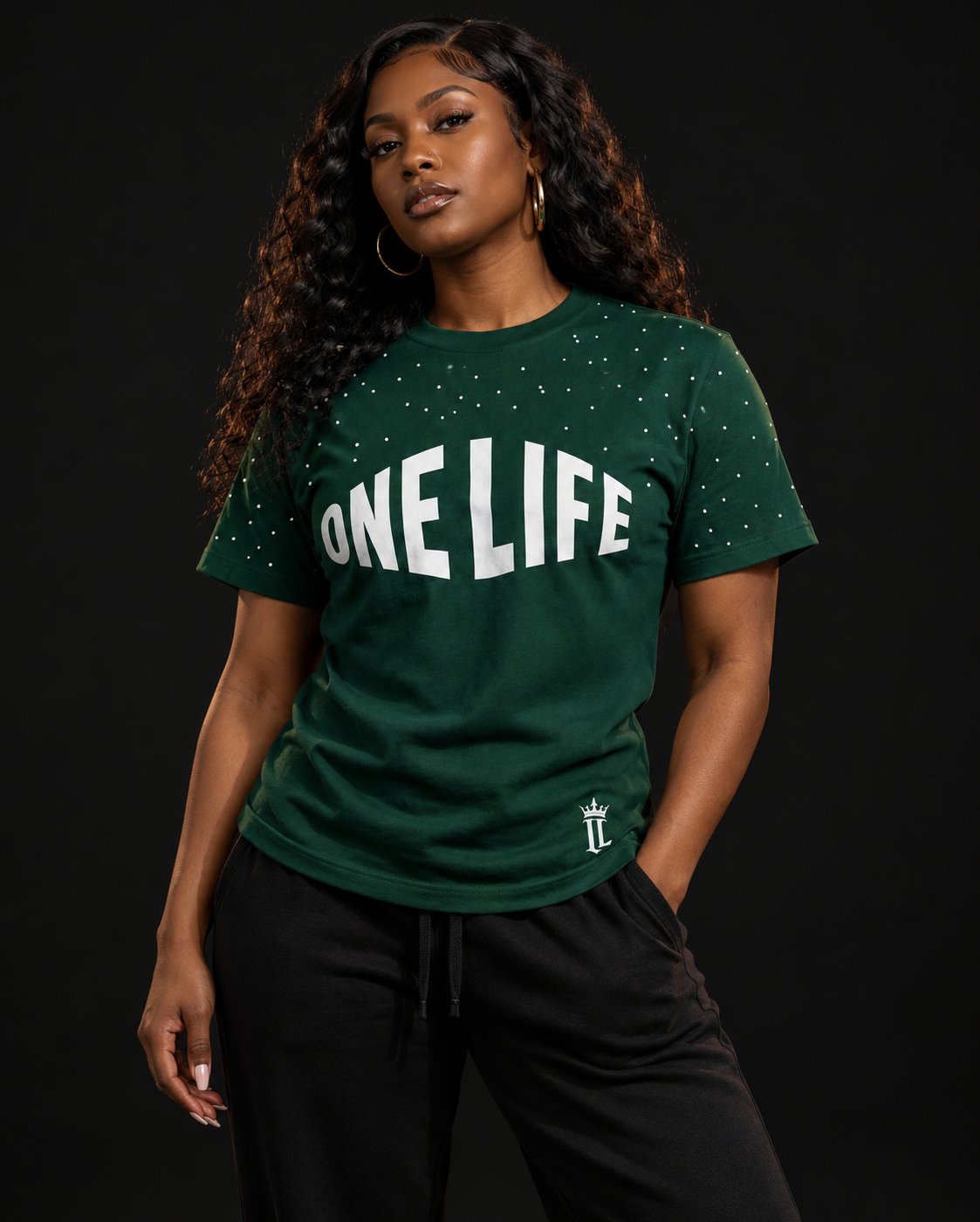 Women's model wearing the Big Money Tee by One Life Clothing — front view.