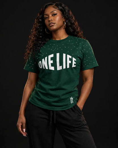 Women's model wearing the Big Money Tee by One Life Clothing — front view.