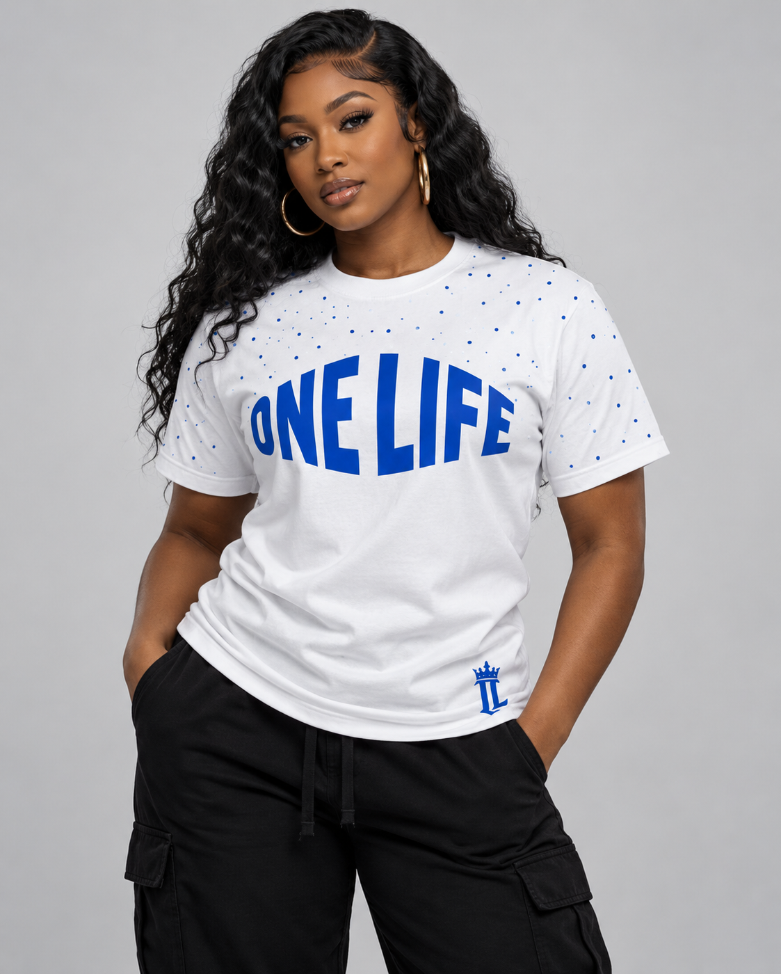 Women’s model wearing the Blue Blood Tee — front view.