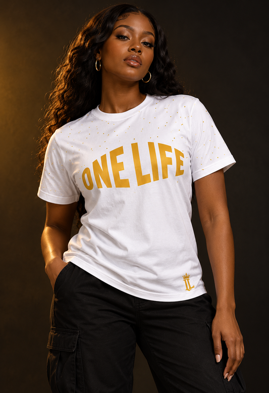 Women's model wearing the Crown Jewel Tee by One Life Clothing — front view.