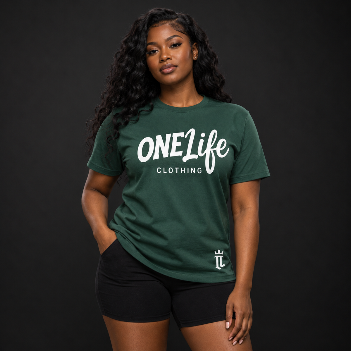 Women's model wearing Dynasty Tee — front view