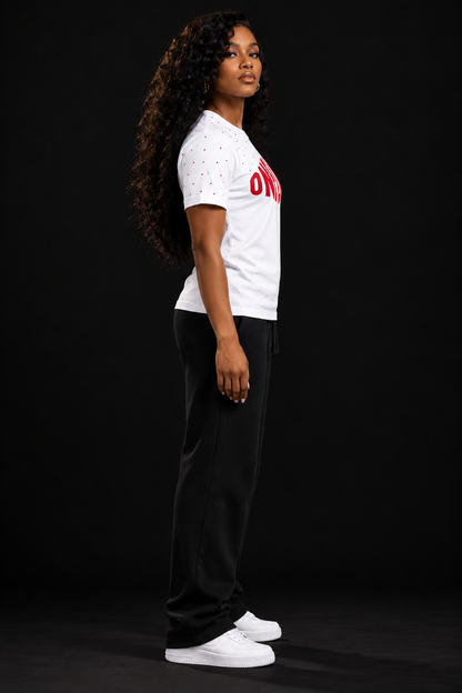 Women's model wearing the Ignition Tee by One Life Clothing — side view.