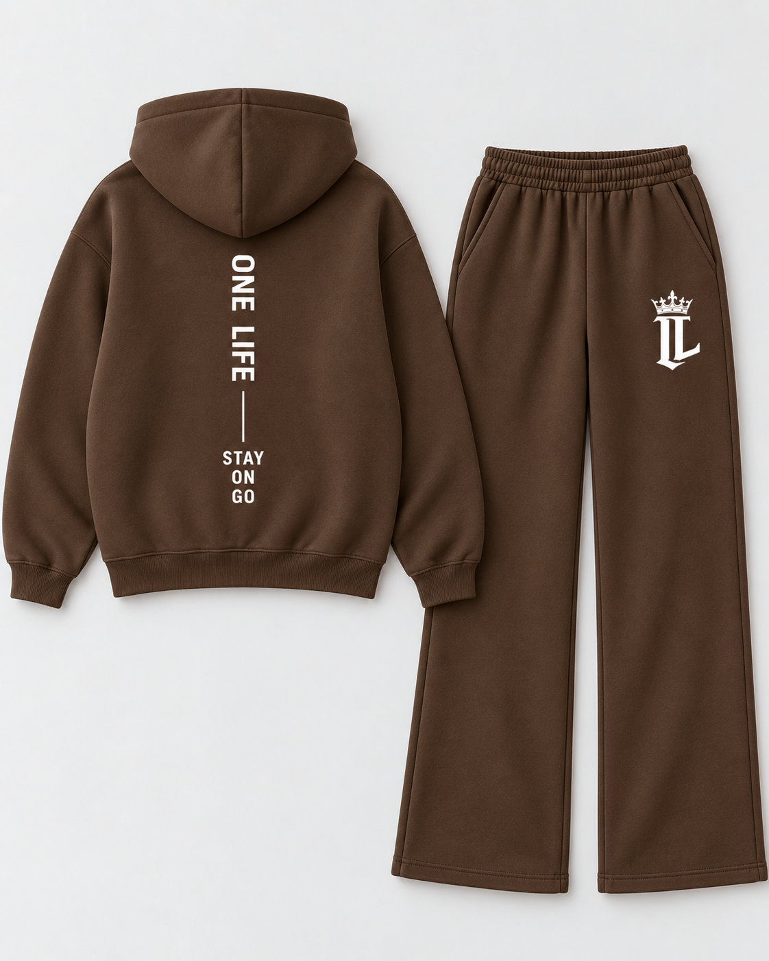 Women's brown ON GO hoodie back with matching pants