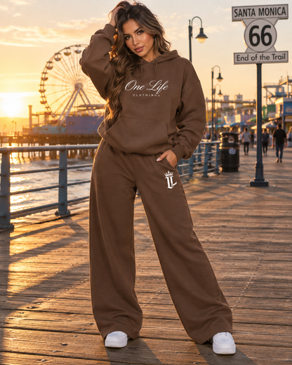 Women's brown ON GO set styled at Santa Monica Pier