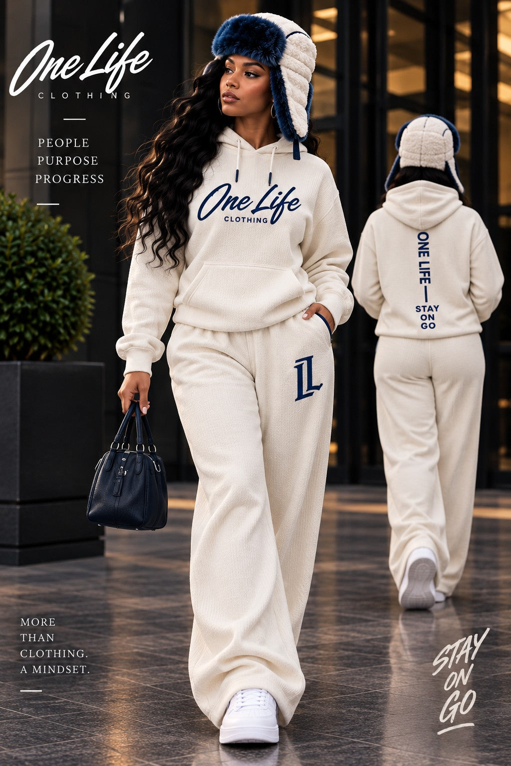 One Life Clothing ON GO cream set modeled by a woman, front and back views