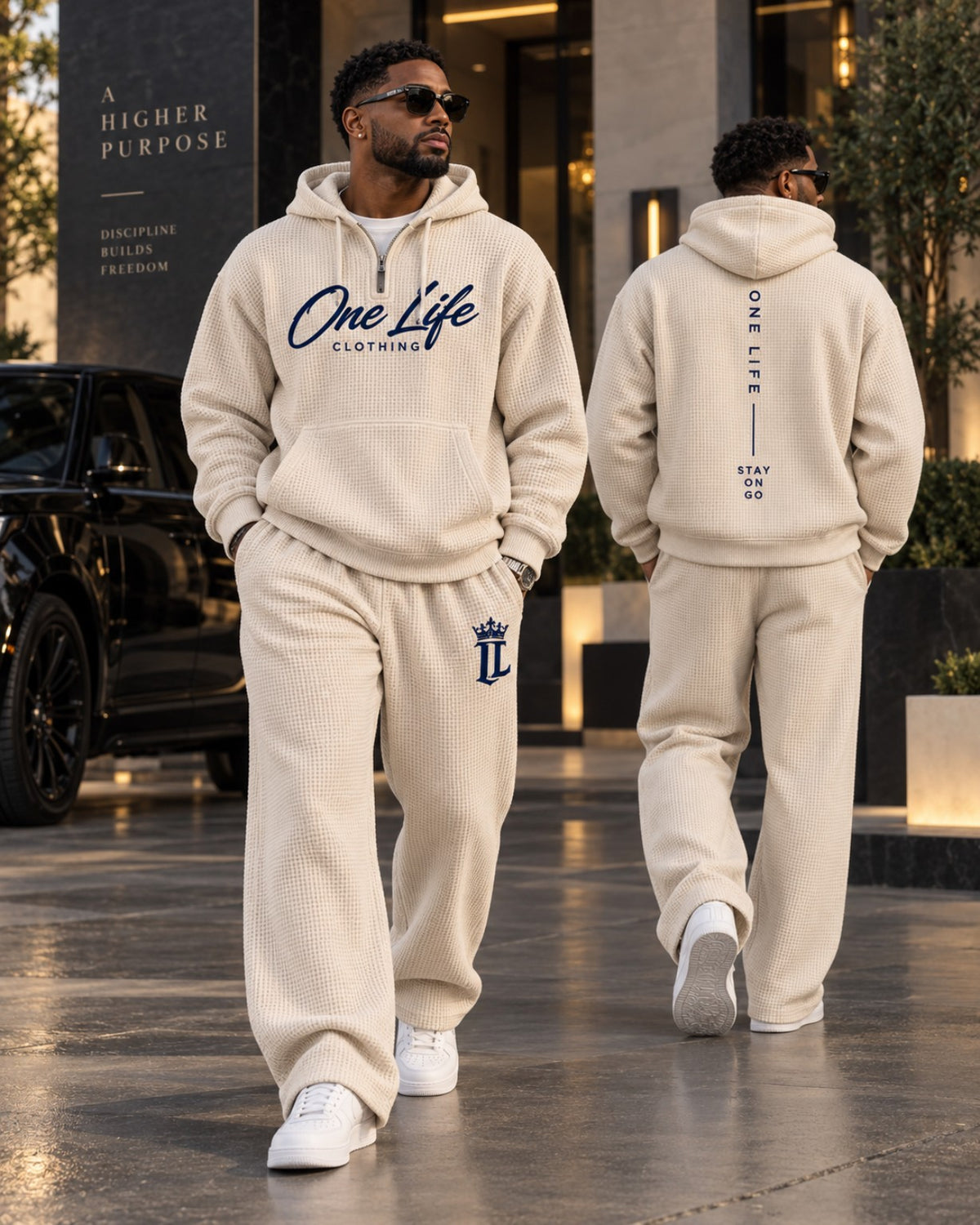 One Life Clothing ON GO cream set modeled by a man, front and back views
