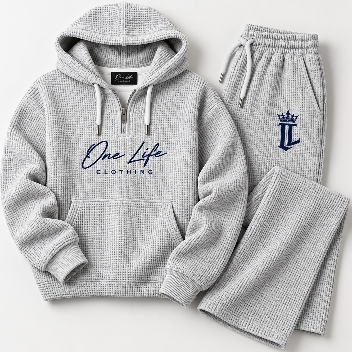 Men's light gray ON GO waffle-knit quarter-zip set, styled product view