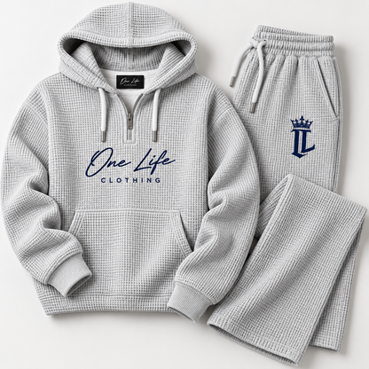 Men's light gray ON GO waffle-knit quarter-zip set, styled product view
