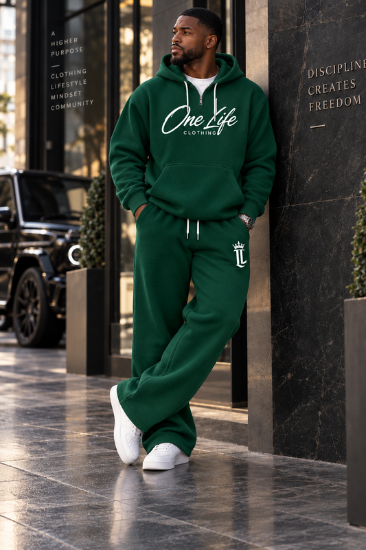 Male front view of the Green ON GO smooth heavyweight hoodie and matching pants
