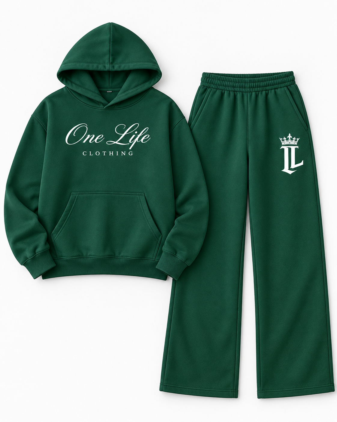 Women's green ON GO pullover and wide-leg pants, front