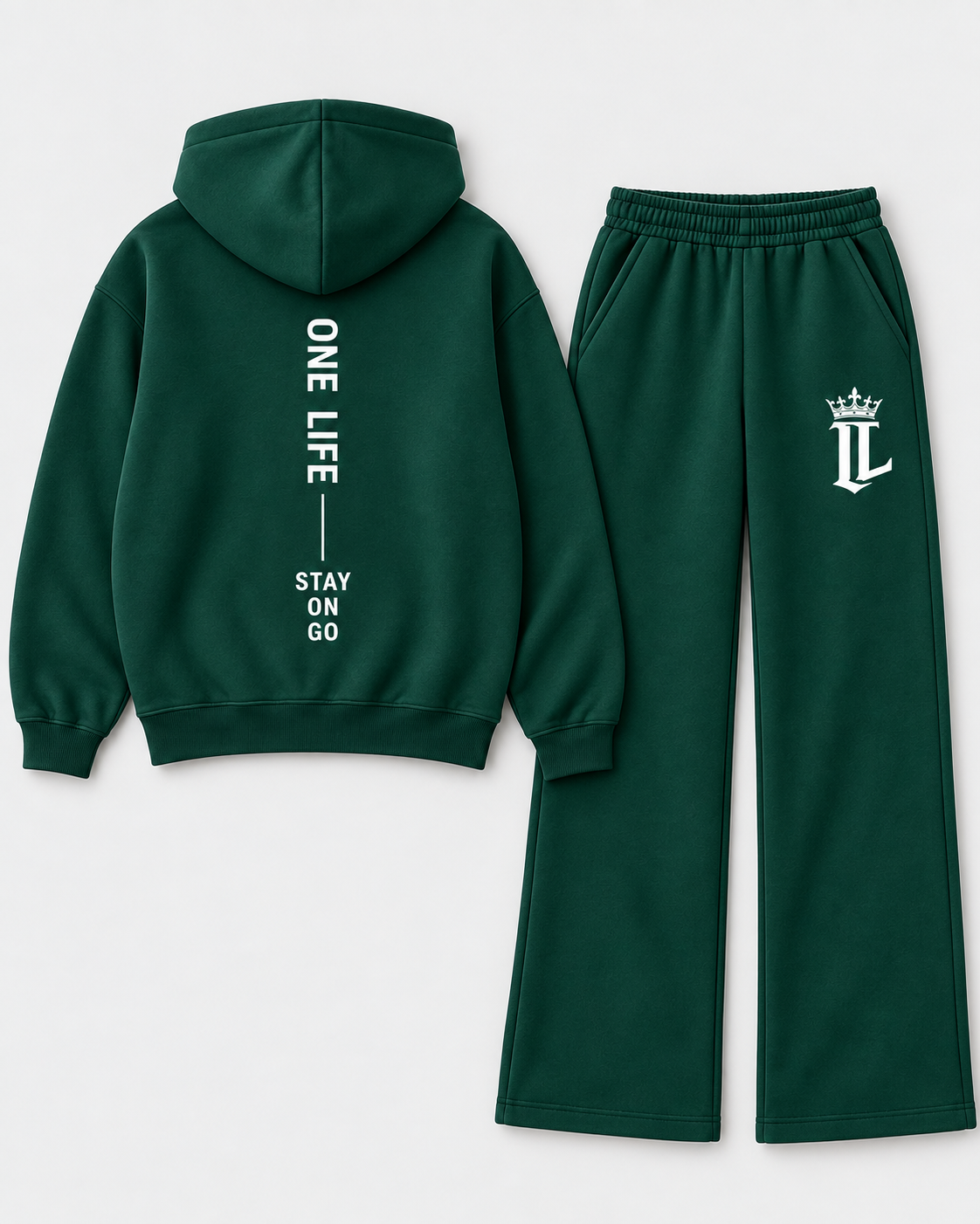 Women's green ON GO hoodie back with matching pants