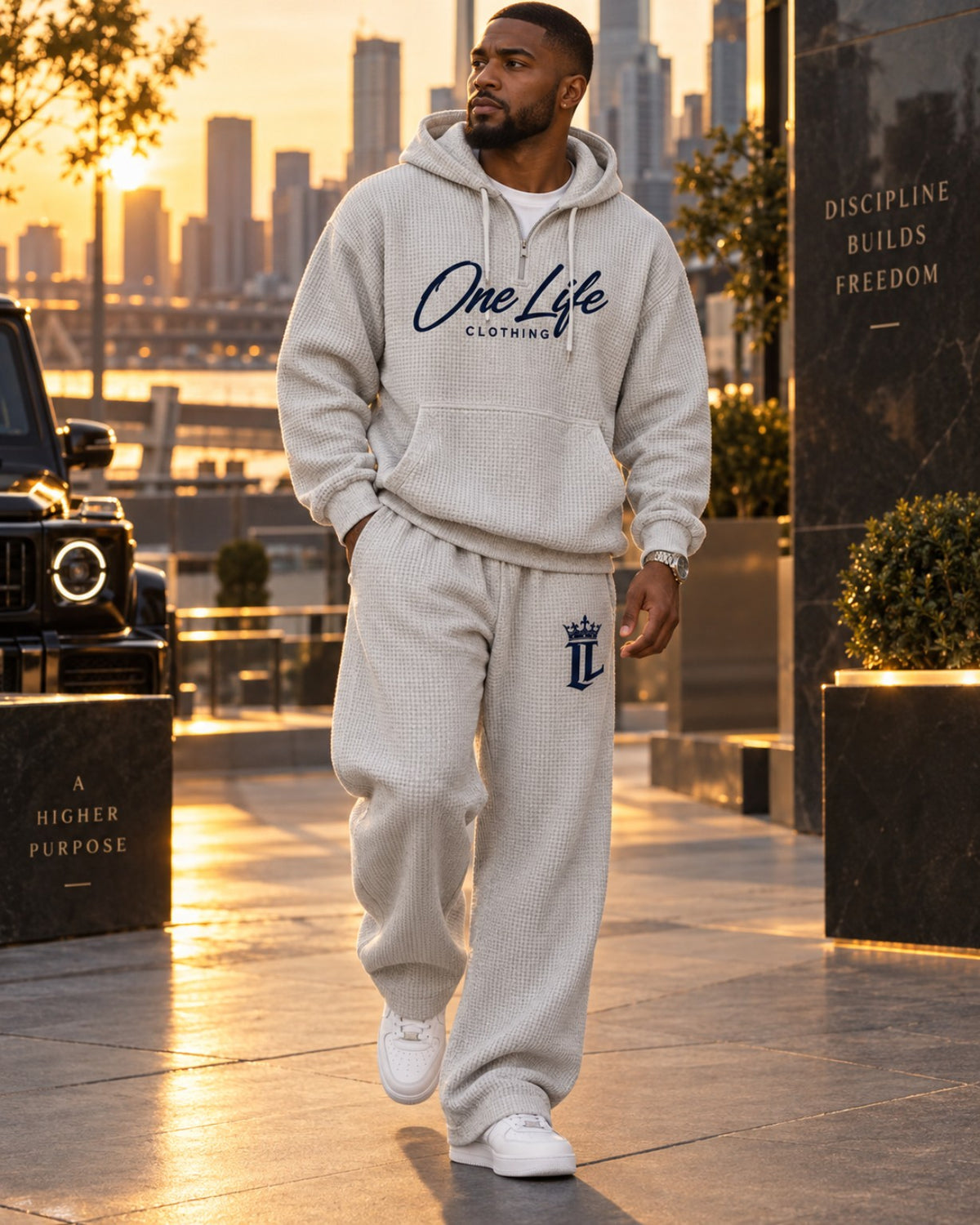 Male model wearing the Light Gray ON GO Set by One Life Clothing