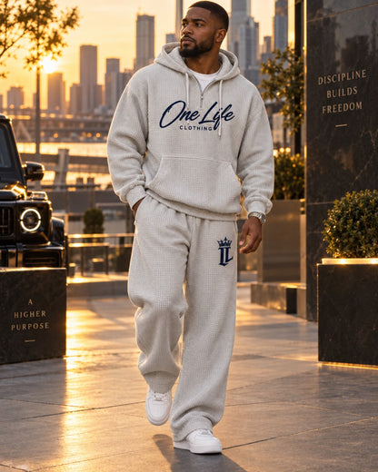 Male model wearing the Light Gray ON GO Set by One Life Clothing