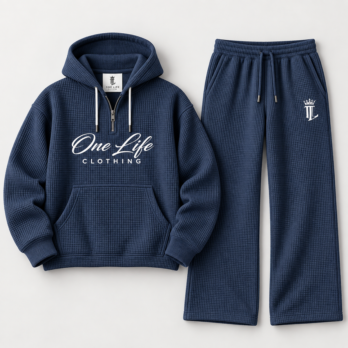 Men's navy ON GO waffle-knit quarter-zip set, front