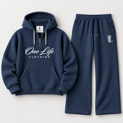 Men's navy ON GO waffle-knit quarter-zip set, front