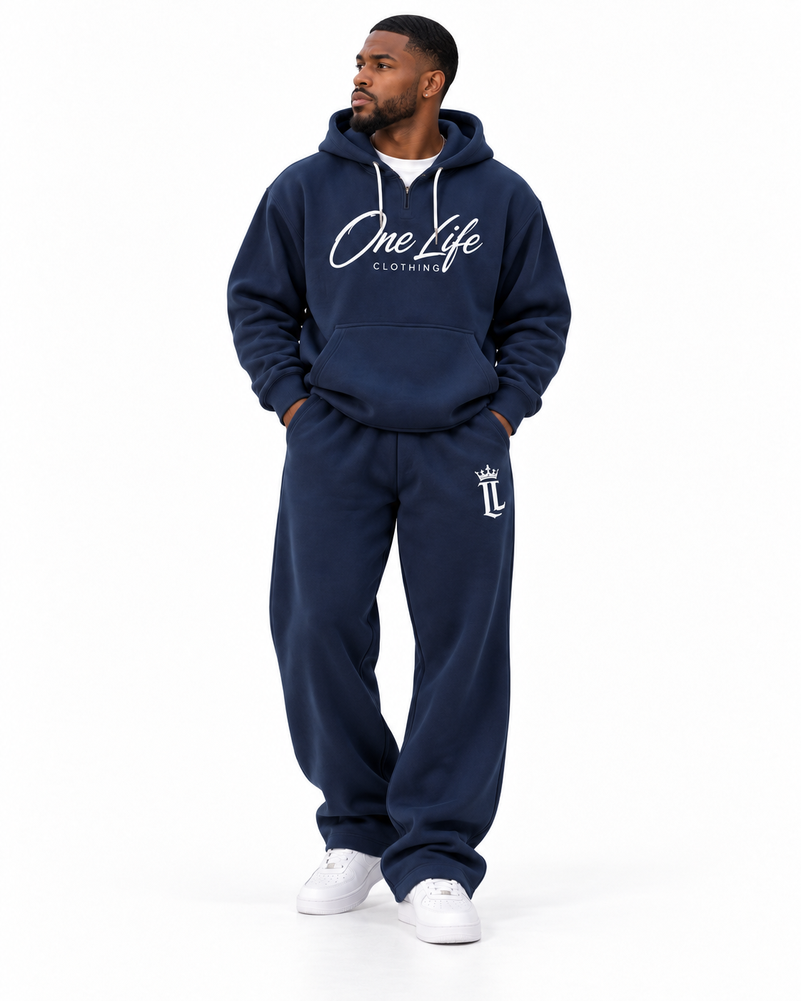 Male front view of the Navy ON GO smooth heavyweight hoodie and matching pants