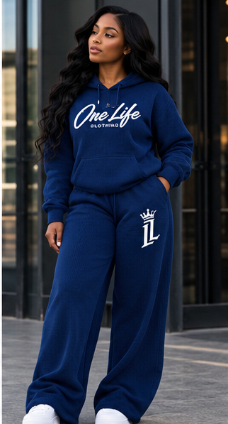 Women's navy ON GO pullover and wide-leg pants, front