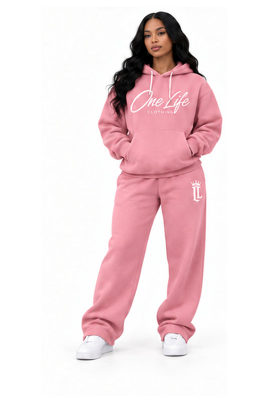 Female front view of the Pink ON GO smooth heavyweight hoodie and matching pants