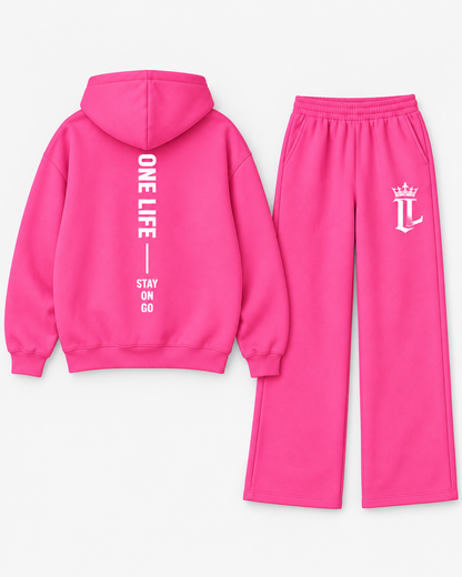 Women's pink ON GO hoodie back with matching pants
