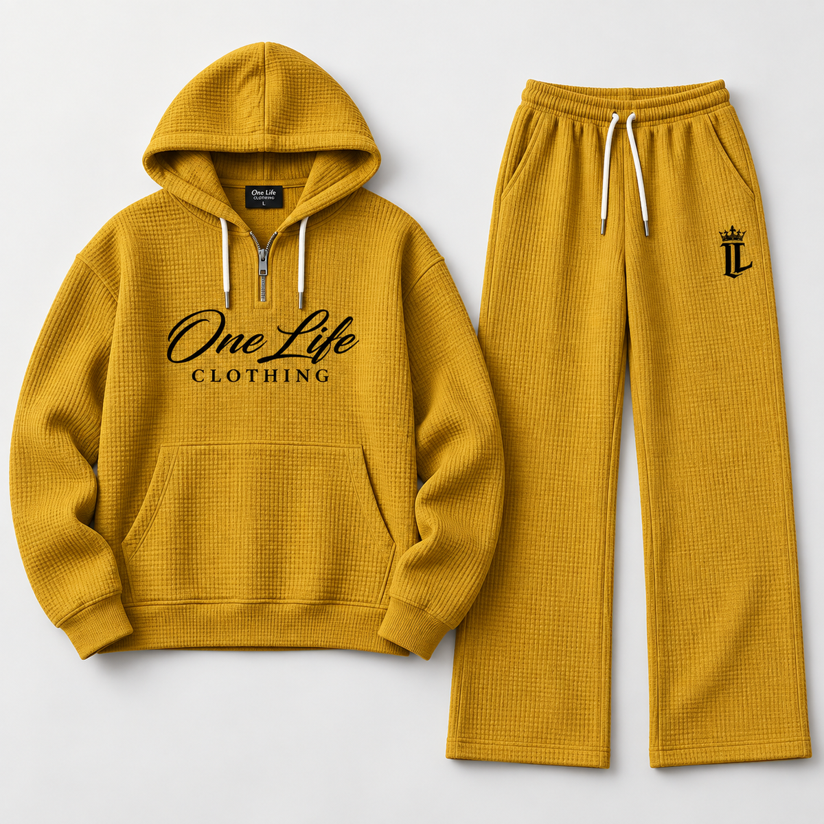 Men's yellow ON GO waffle-knit quarter-zip set, front