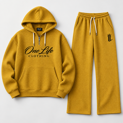 Men's yellow ON GO waffle-knit quarter-zip set, front