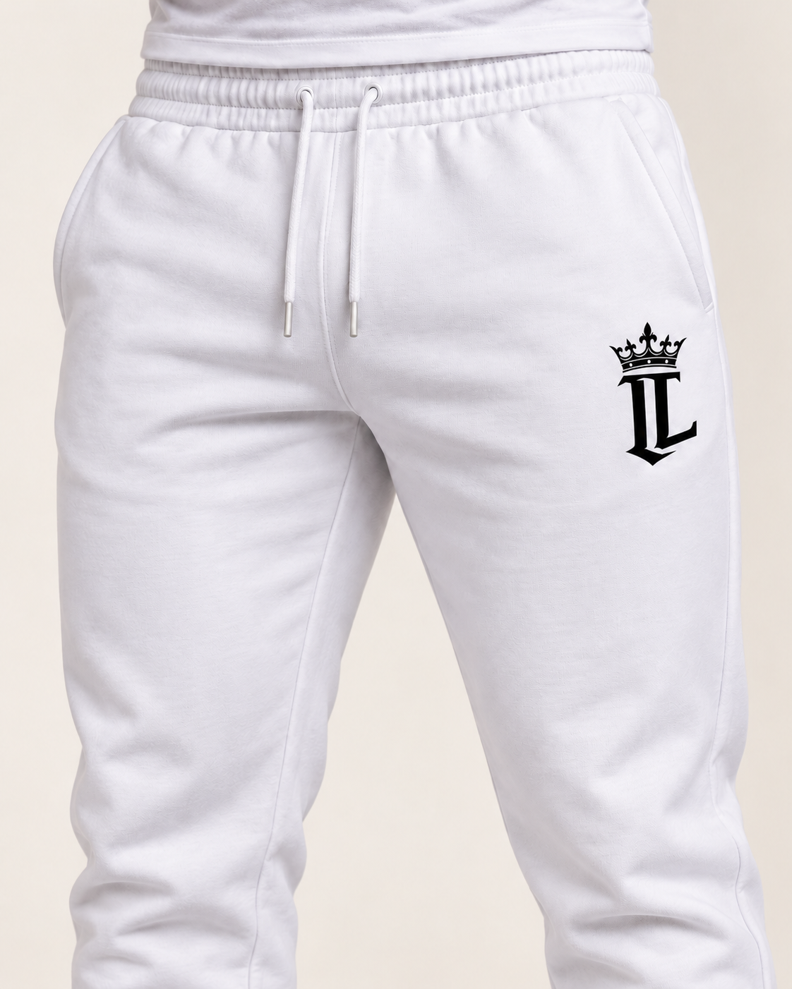 The Clarity Joggers — white — waist logo detail