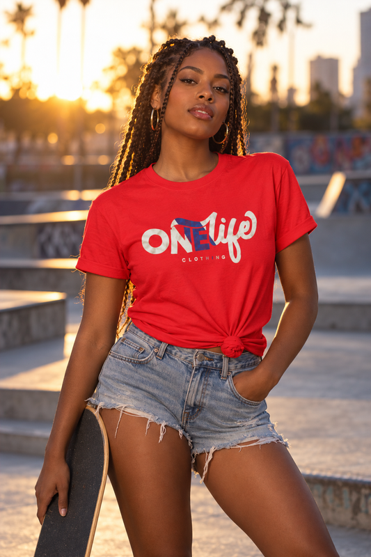 Female model wearing the red Die-Cast Championship Edition Tee by One Life Clothing — front view.
